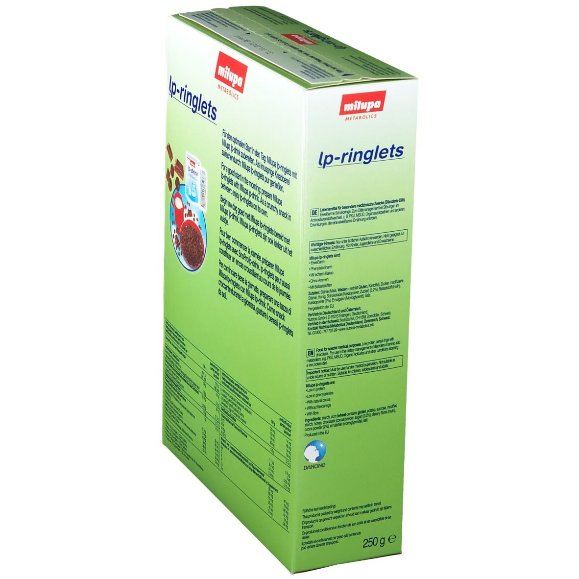 Boîte de céréales lp-ringlets, vue latérale. Texte et informations nutritionnelles. Contenance : 250g.