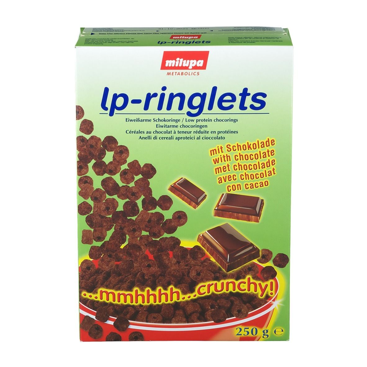 Boîte de céréales lp-ringlets. Visuel de céréales en forme d'anneaux et de morceaux de chocolat. Inscription : avec chocolat.
