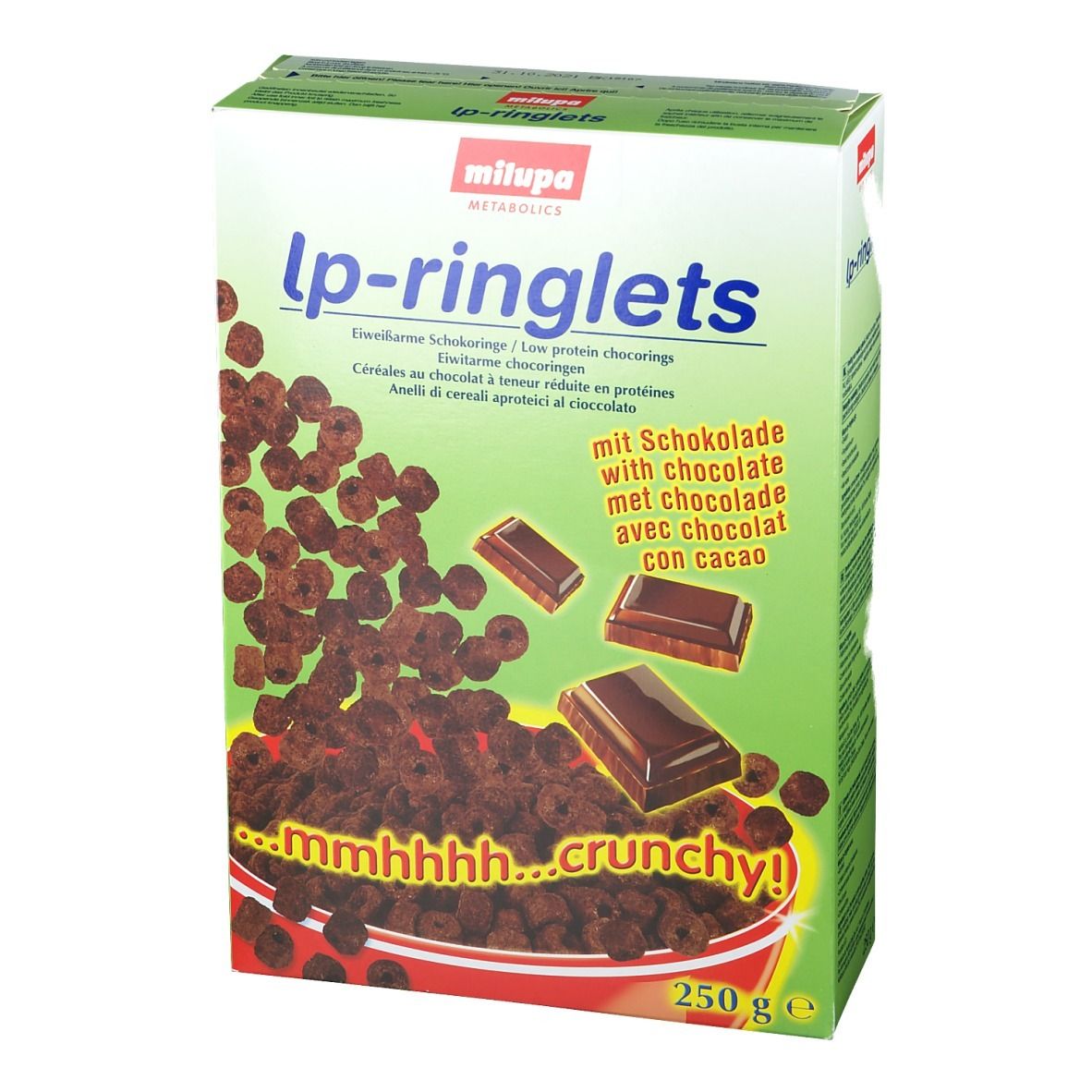 Boîte de céréales lp-ringlets. Visuel de céréales en forme d'anneaux et de morceaux de chocolat. Inscription : avec chocolat.