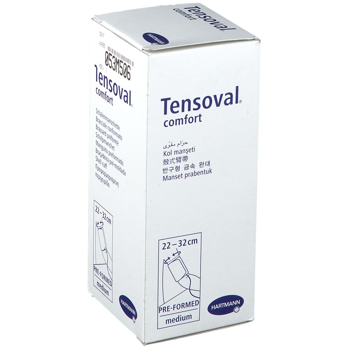 Emballage Tensoval comfort. Inscription : Manchette, 22-32 cm, medium. Marque Hartmann.
