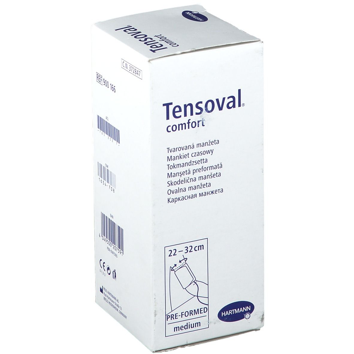 Emballage Tensoval comfort. Inscription : Manchette, 22-32 cm, medium. Marque Hartmann.