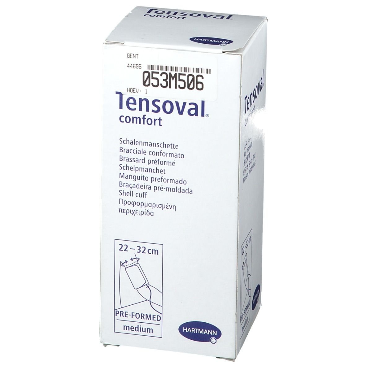 Emballage Tensoval comfort. Inscription : Brassard préformé, 22-32 cm, medium. Marque Hartmann.