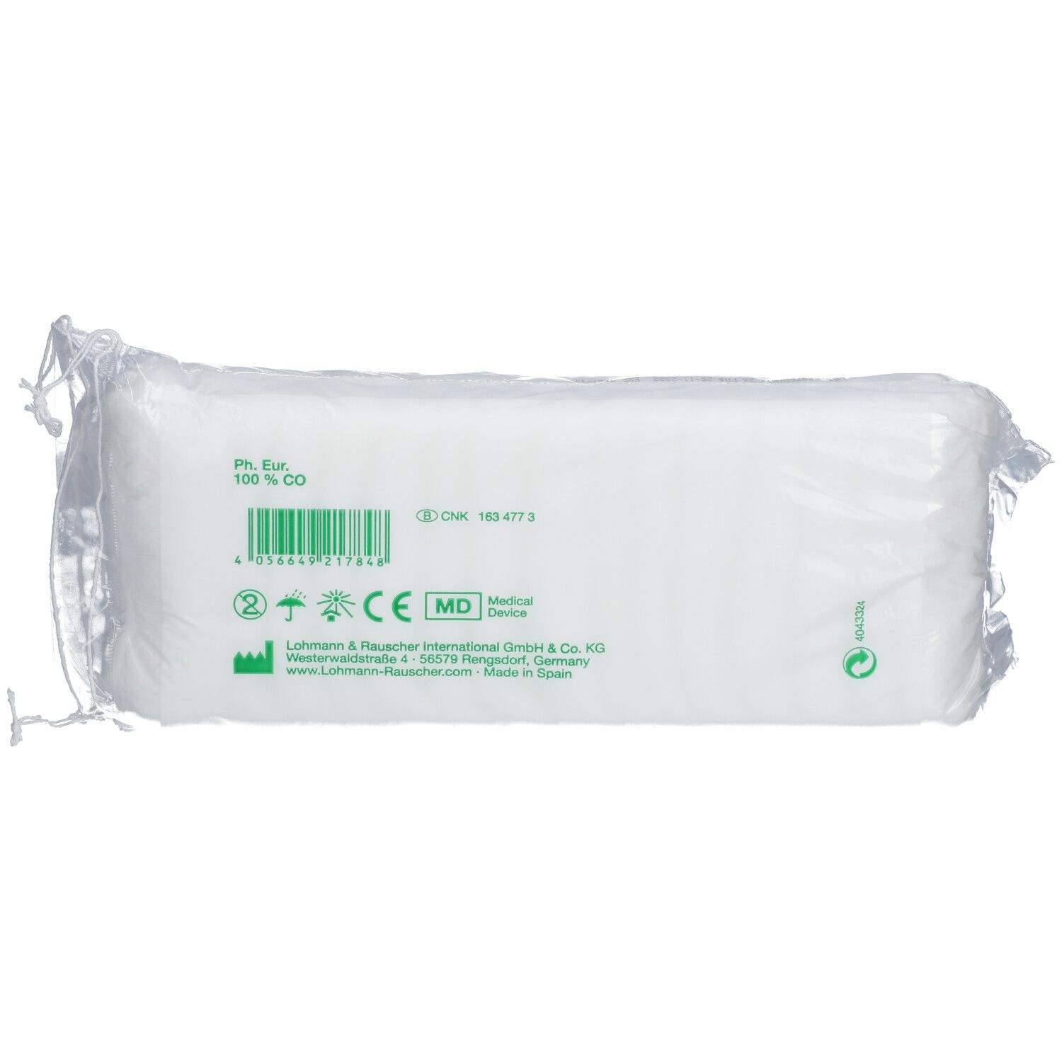 Emballage de ouate hydrophile. Dos avec symboles verts, marquage CE, informations fabricant et code-barres.