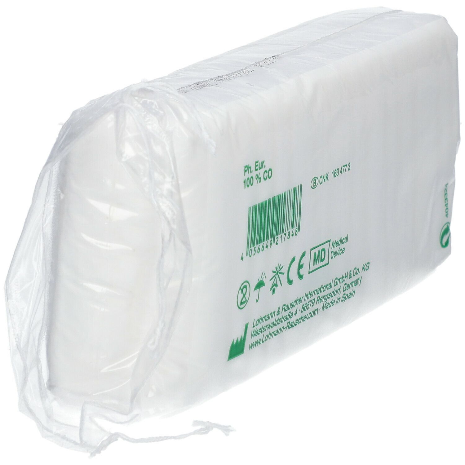 Emballage de ouate hydrophile. Dos avec code-barres, marquage CE, informations fabricant et symboles verts.