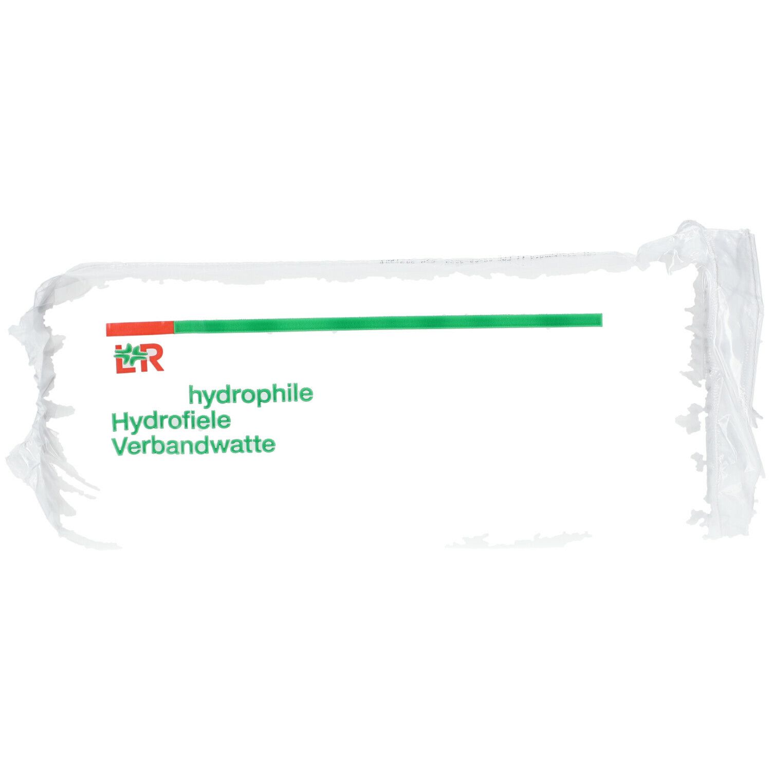 Emballage de ouate hydrophile. Logo avec bande verte et accent rouge. Texte: hydrophile, Verbandwatte.