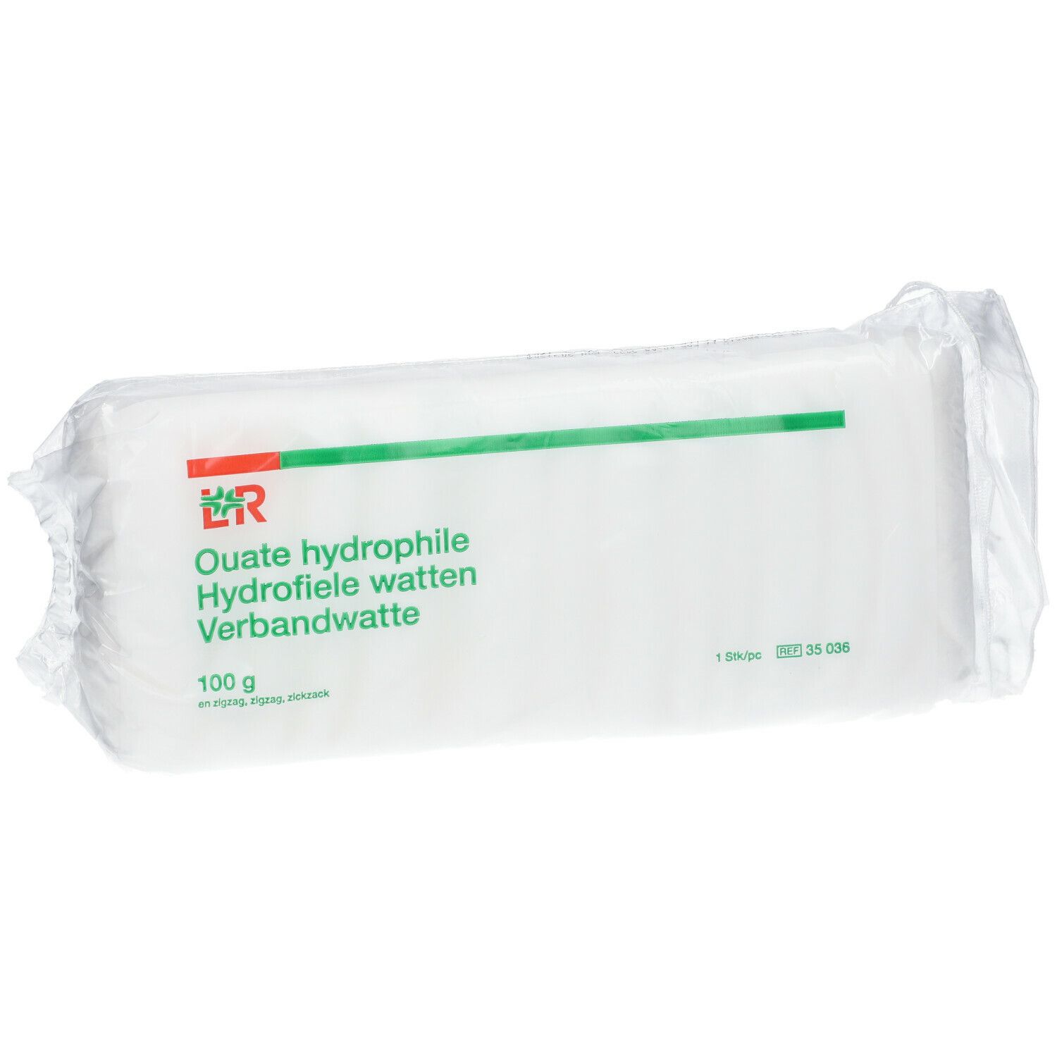 Ouate hydrophile en emballage plastique. Logo avec bande verte et accent rouge. Texte: Ouate hydrophile, 100g.