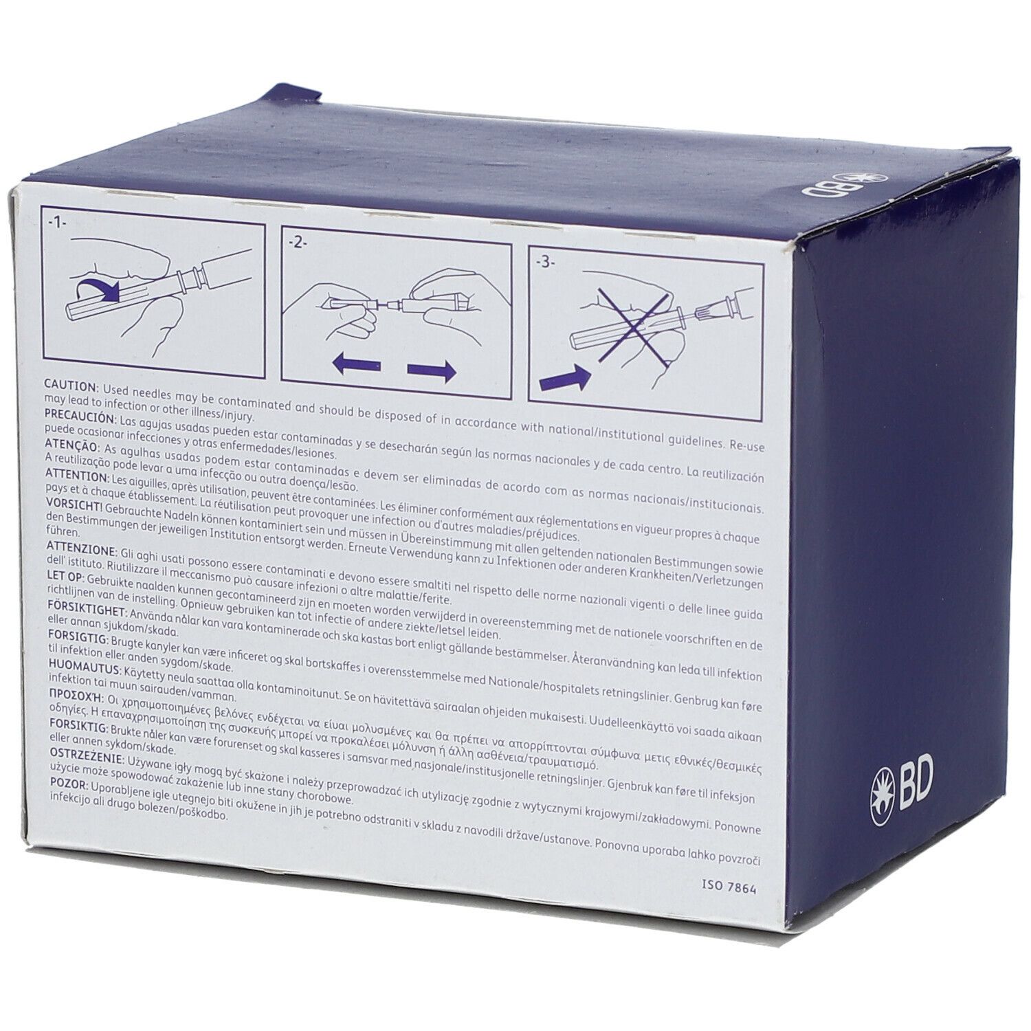 Dos de l'emballage BD Microlance 3. Instructions et avertissements multilingues.