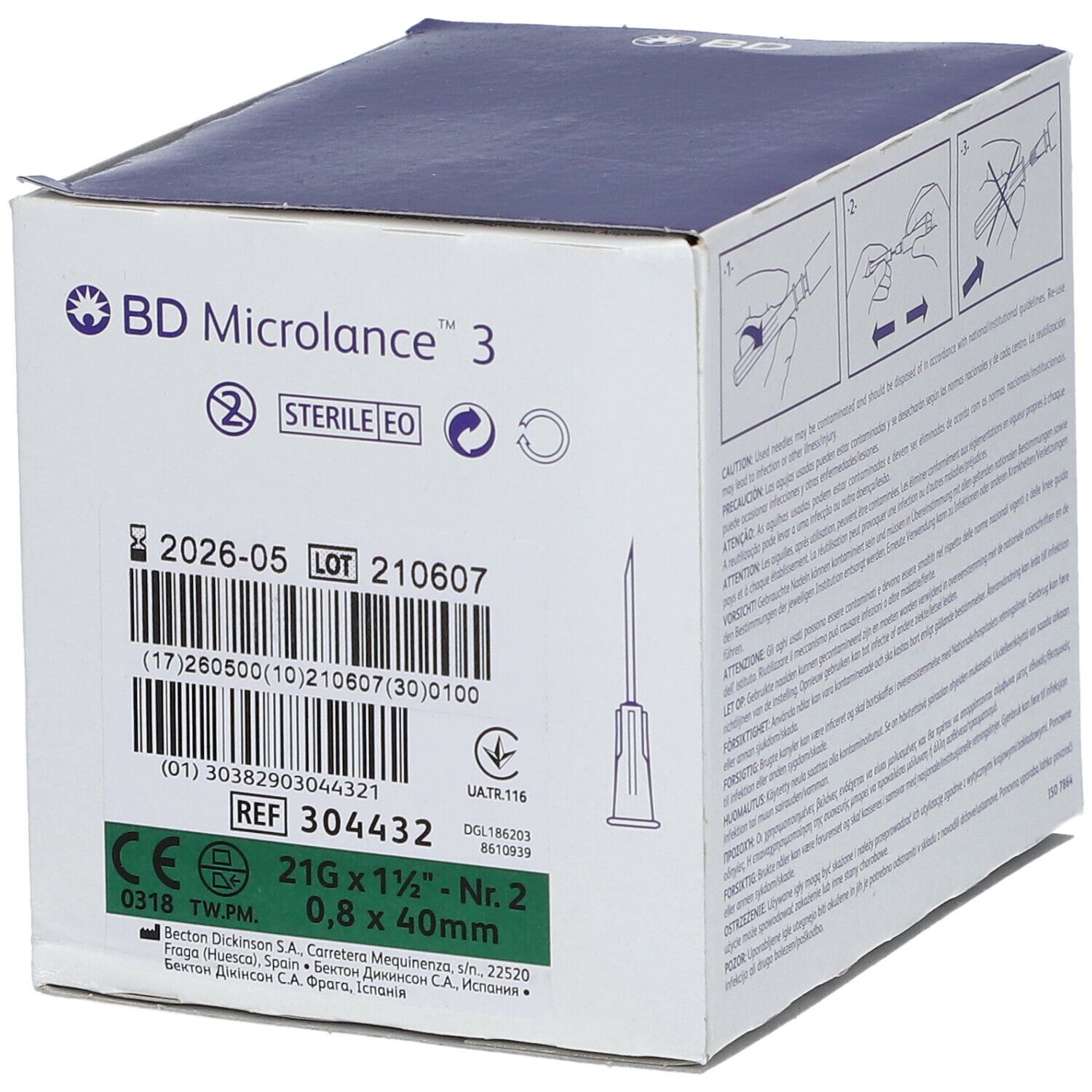 Emballage BD Microlance 3. Nom du produit, numéro de lot, taille 21G 1 1/2", stérilisation et marquage CE.