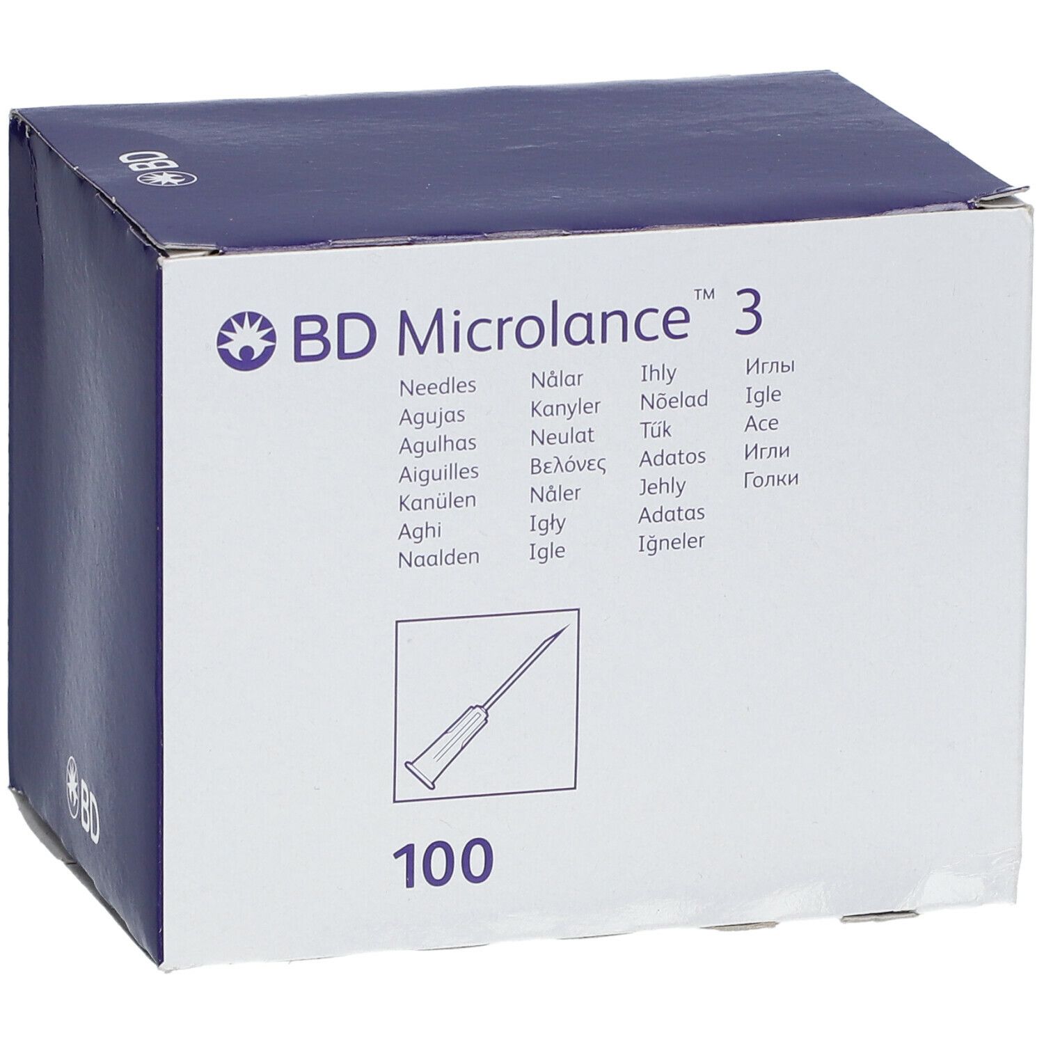 Boîte d'aiguilles BD Microlance 3. Nom du produit, illustration d'aiguille et le nombre 100 sont visibles.