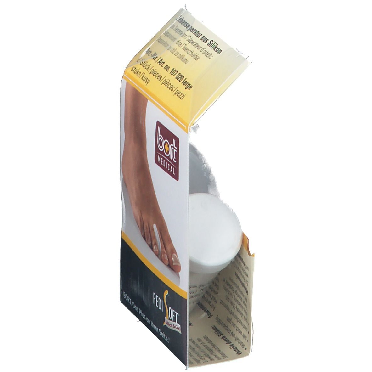 Emballage ouvert avec séparateur d'orteils. Nom du produit : Pedi Soft. Marque : bort MEDICAL. Séparateur en silicone blanc visible.