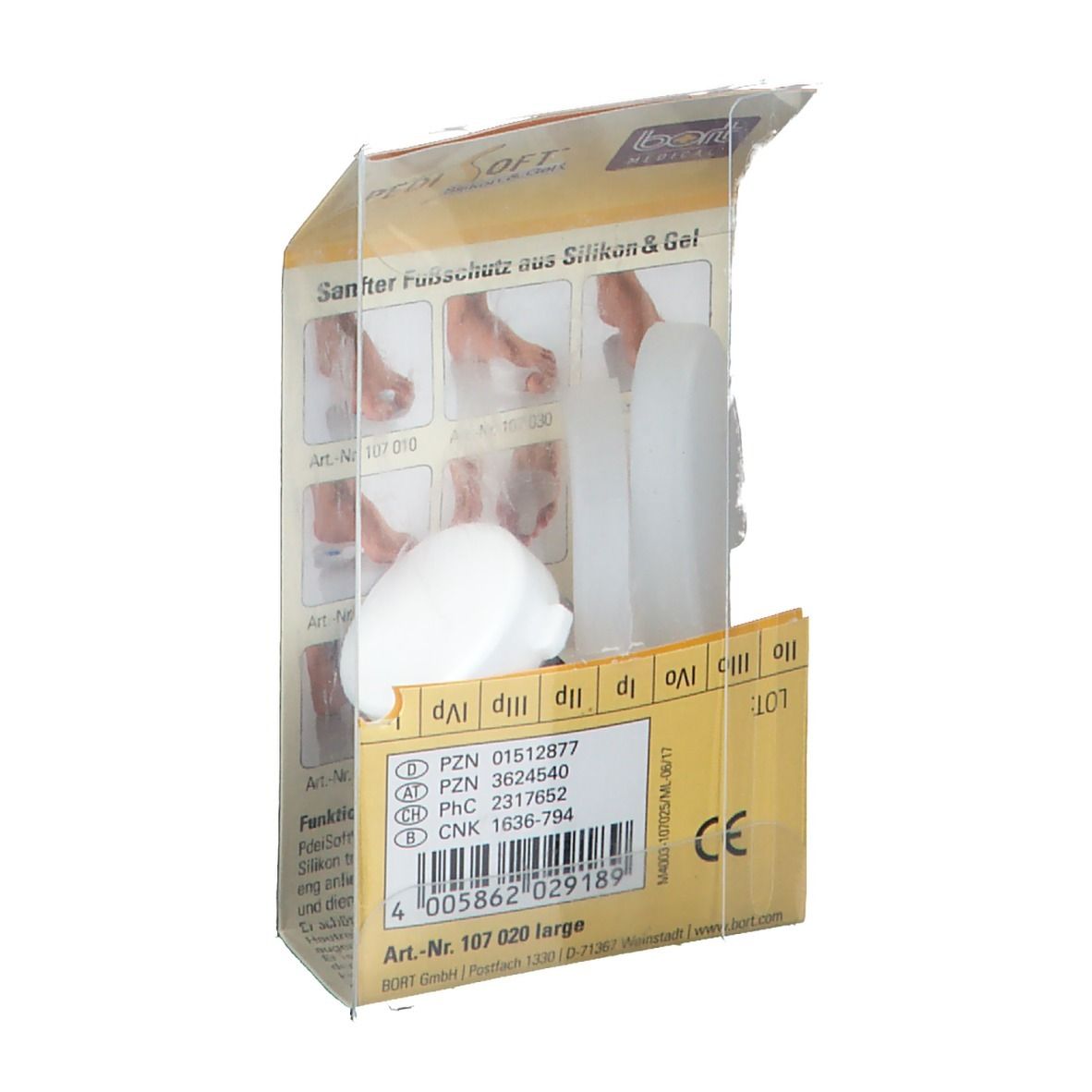 Emballage ouvert avec séparateurs d'orteils. Nom du produit : Pedi Soft. Marque : bort MEDICAL. Séparateurs en silicone visibles.
