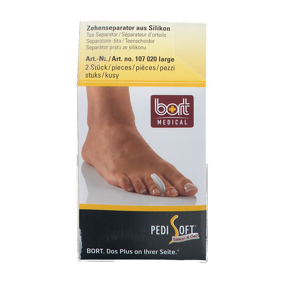 Emballage de séparateurs d'orteils en silicone. Nom du produit : Pedi Soft. Marque : bort MEDICAL. Contient deux pièces. Image d'un pied.