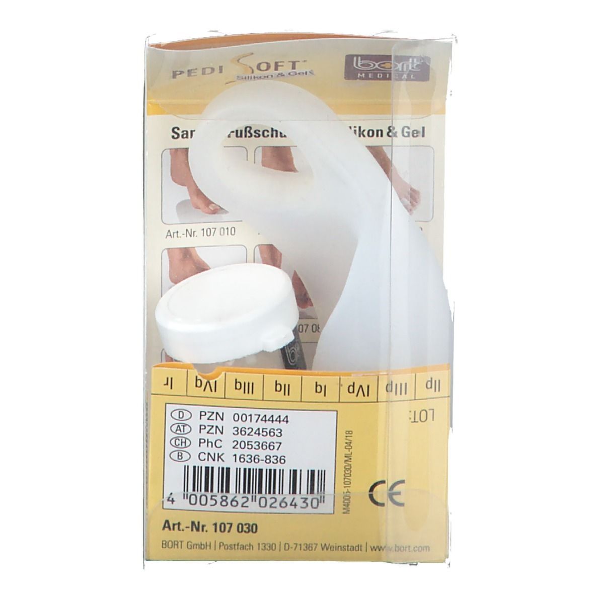Protection PEDISOFT® dans son emballage. Produit en silicone et gel. Logo BORT MEDICAL et informations.