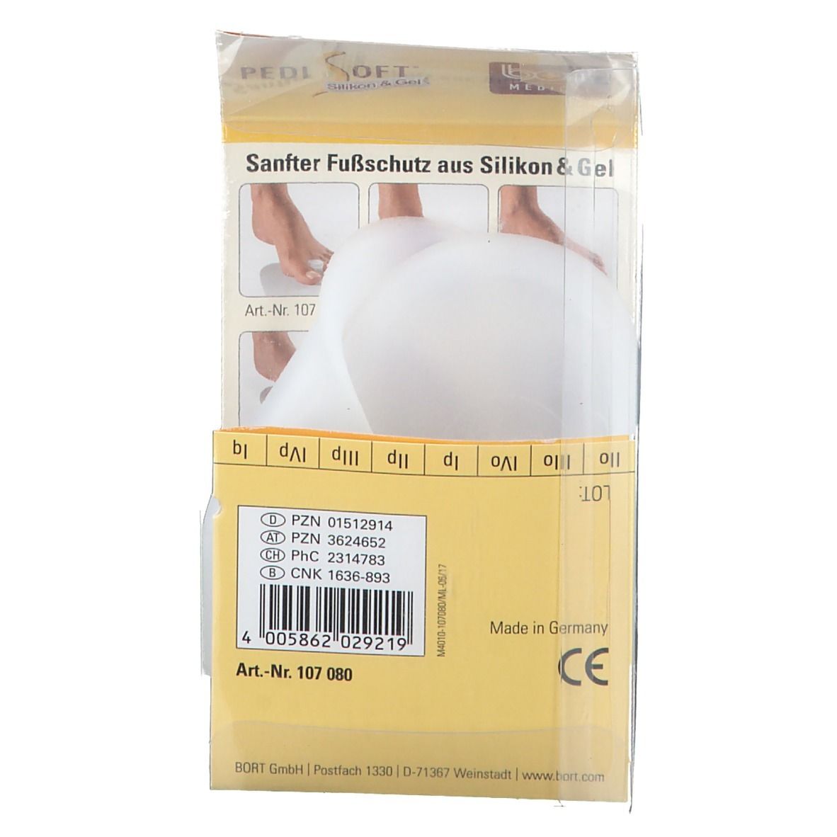 Dos de l'emballage du coussinet pour l'avant-pied. Texte : Protection douce du pied en silicone et gel. Codes PZN. Marque CE.