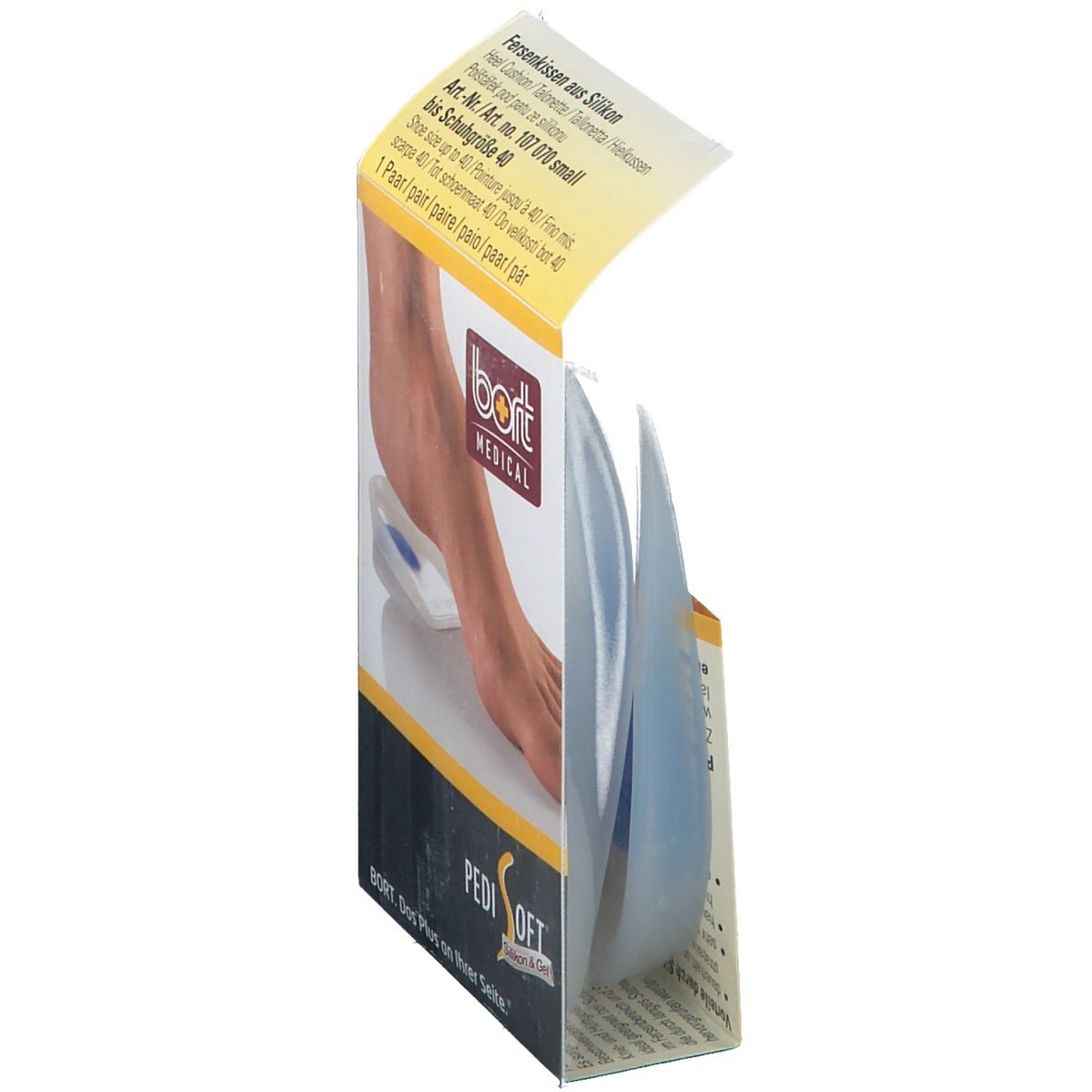 Fersenkissen in Verpackung. Marke: bort MEDICAL. Produktbezeichnung und Artikelnummer sind auf der Verpackung sichtbar. Schuhgröße bis 40.
