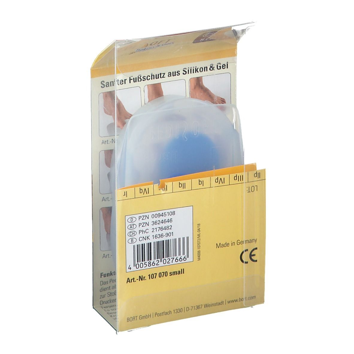 Verpackung mit Fersenkissen. Produktbezeichnung und Artikelnummer sind sichtbar. CE-Kennzeichnung. Hergestellt in Deutschland.