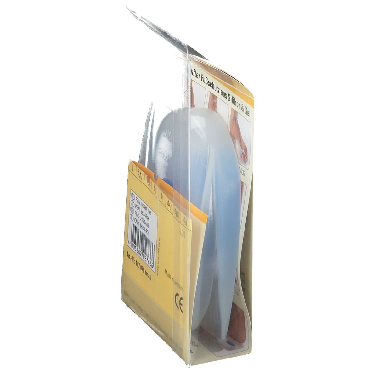 Fersenkissen in Verpackung. Produktbezeichnung und Artikelnummer sind sichtbar. CE-Kennzeichnung. Hergestellt in Deutschland.