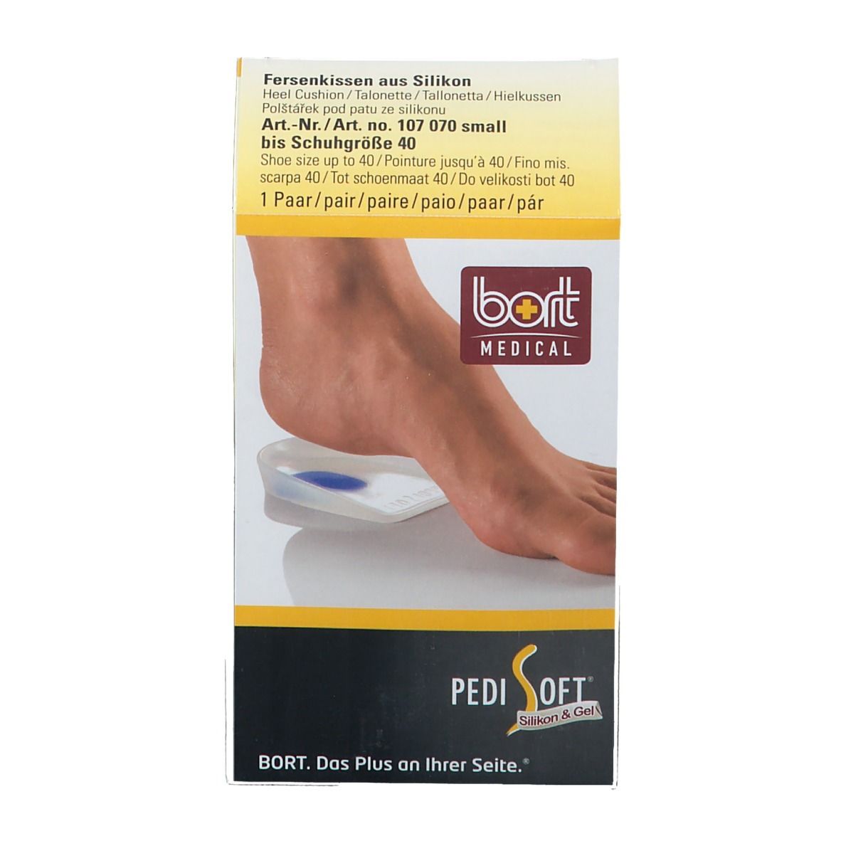 Verpackung mit Fersenkissen aus Silikon. Marke: bort MEDICAL Pedi Soft. Schuhgröße bis 40. Produktbezeichnung und Artikelnummer sind sichtbar.