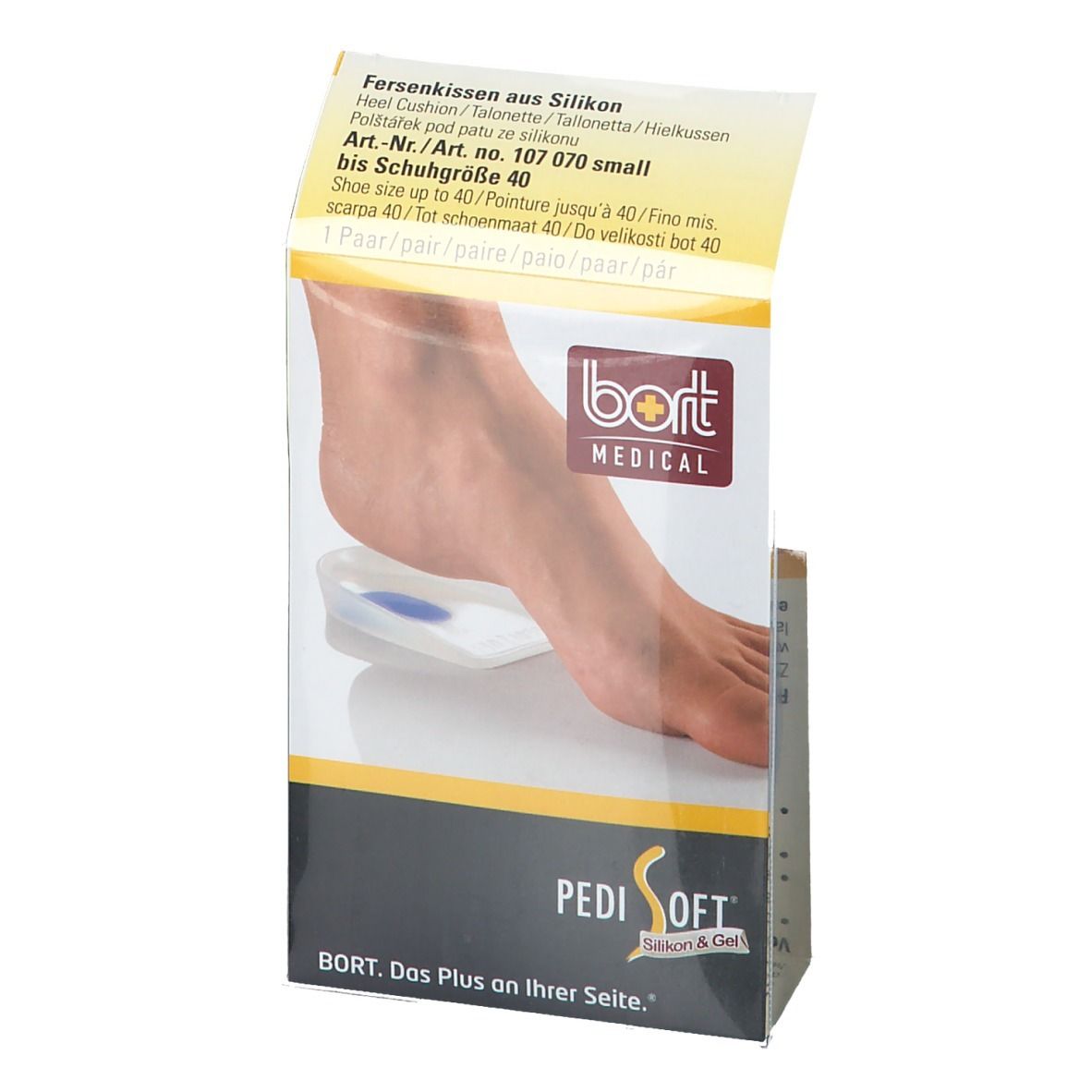 Verpackung mit Fersenkissen aus Silikon. Marke: bort MEDICAL Pedi Soft. Schuhgröße bis 40. Produktbezeichnung und Artikelnummer sind sichtbar.