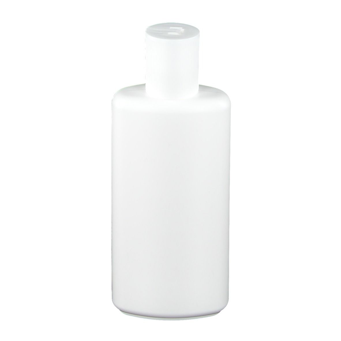 Flacon cylindrique blanc avec bouchon blanc. Surface lisse, sans texte.