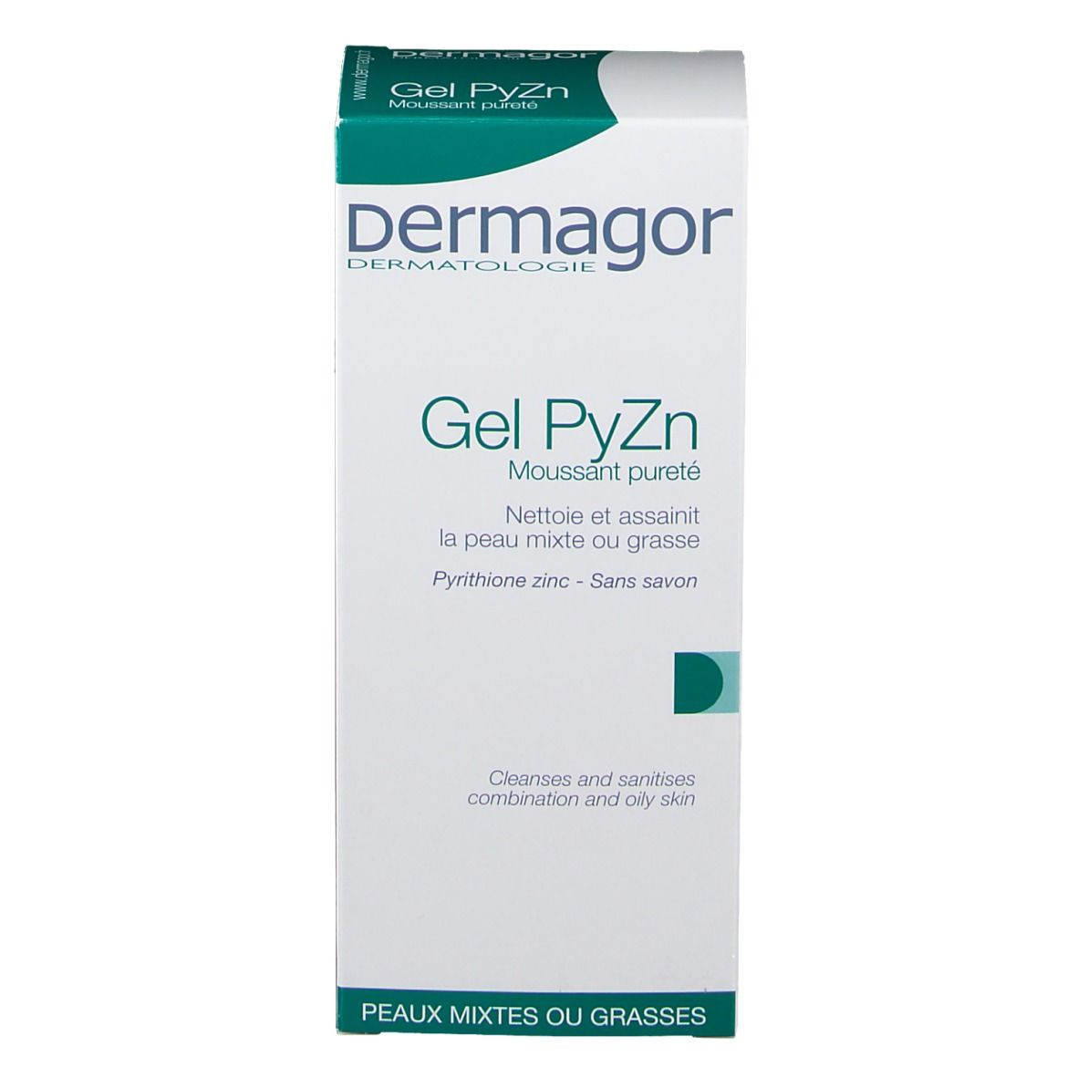 Emballage en carton avec design vert et blanc. Texte: Dermagor, Gel PyZn, pour peaux mixtes. Peaux mixtes ou grasses.