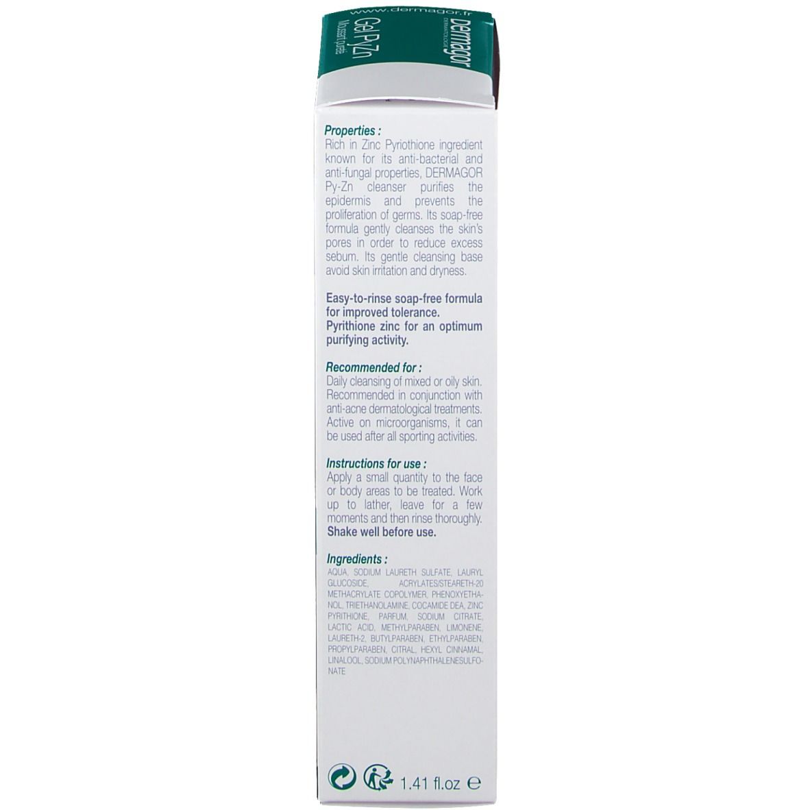 Côté étroit de la boîte avec texte. Contient des informations sur les ingrédients et l'utilisation. Design vert et blanc.