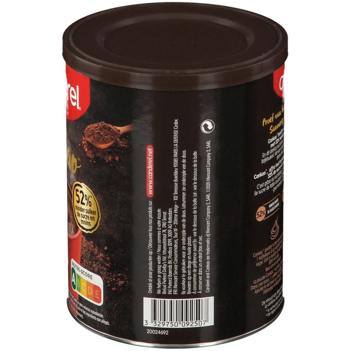 Boîte Canderel Cankao. Dos avec texte et informations nutritionnelles. Couvercle marron, boîte marron. 52% moins de sucre.