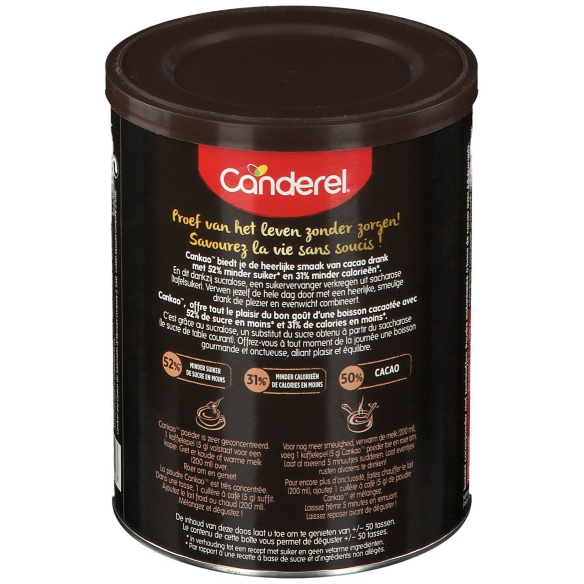 Boîte Canderel Cankao. Dos avec texte et informations nutritionnelles. Couvercle marron, boîte marron. 52% moins de sucre. 50% cacao.