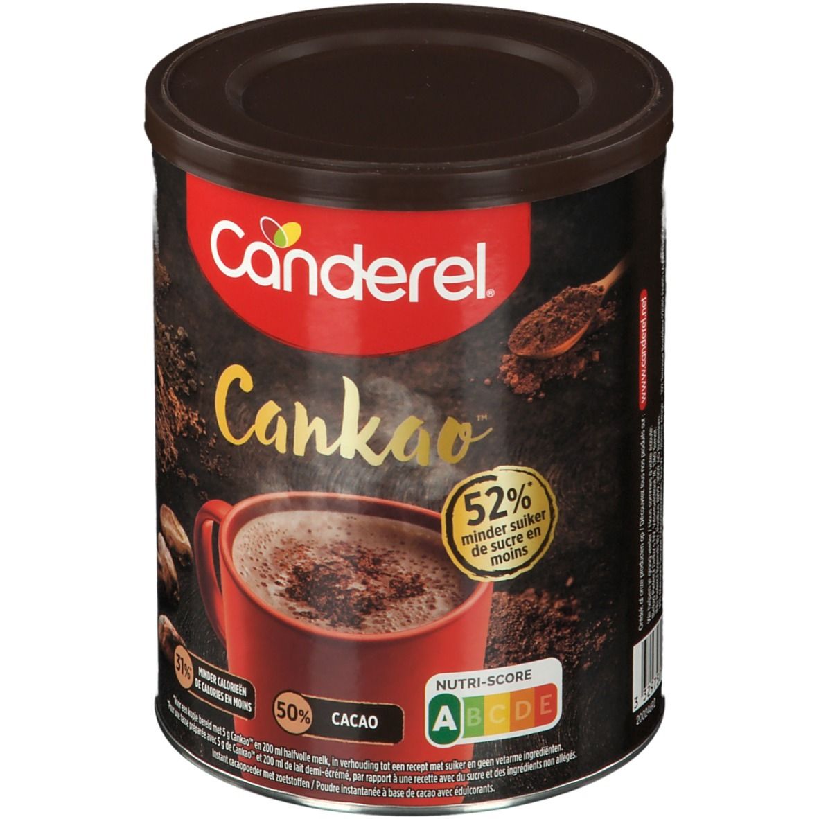 Boîte Canderel Cankao. Couvercle rouge, boîte marron. Inscription Canderel et Cankao. 52% moins de sucre. 50% cacao.