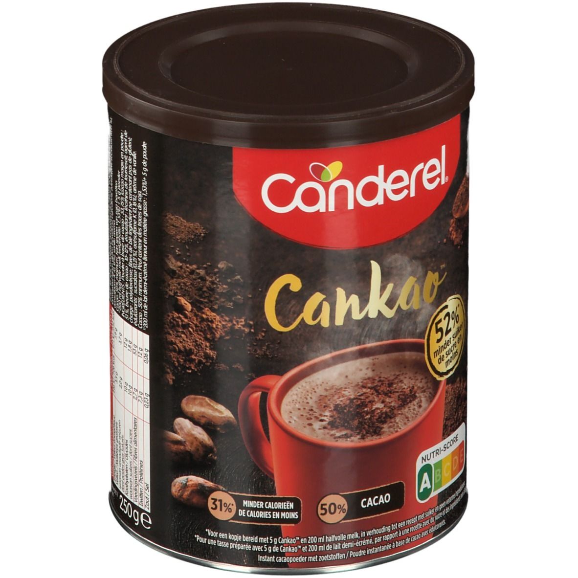 Boîte Canderel Cankao. Couvercle rouge, boîte marron. Inscription Canderel et Cankao. 52% moins de sucre. 50% cacao. 250g.