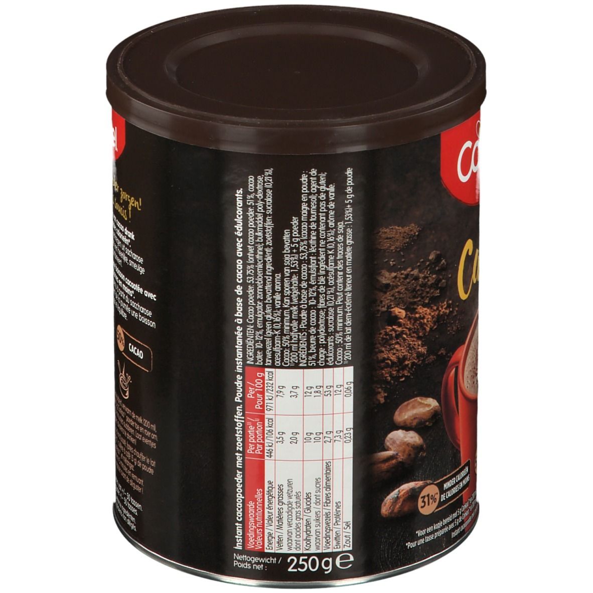 Boîte Canderel Cankao. Dos avec texte et informations nutritionnelles. 250g. 52% moins de sucre. 50% cacao.