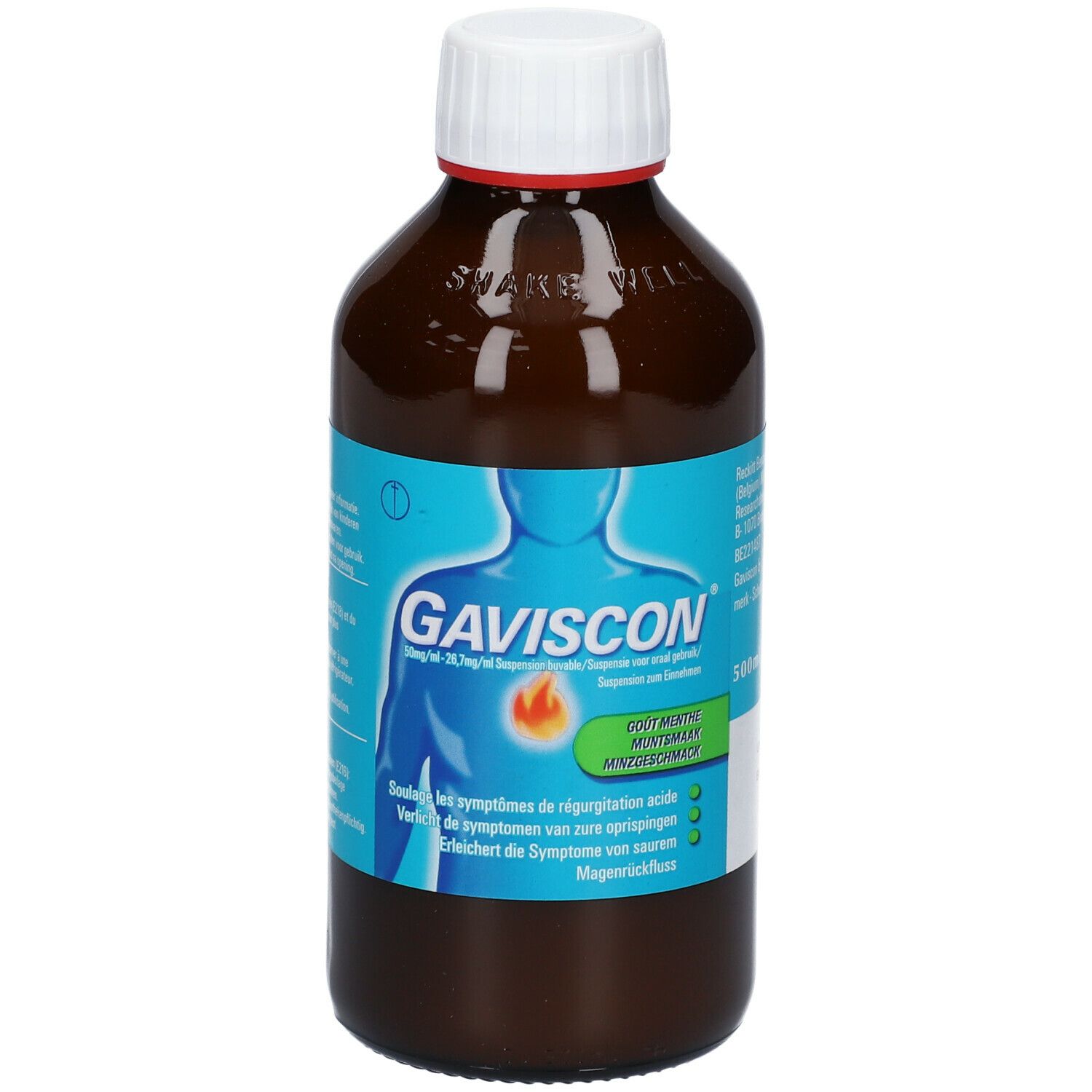 Bruine fles met witte dop. Blauw etiket met Gaviscon en illustratie. Tekst in het Duits, Frans en Nederlands.