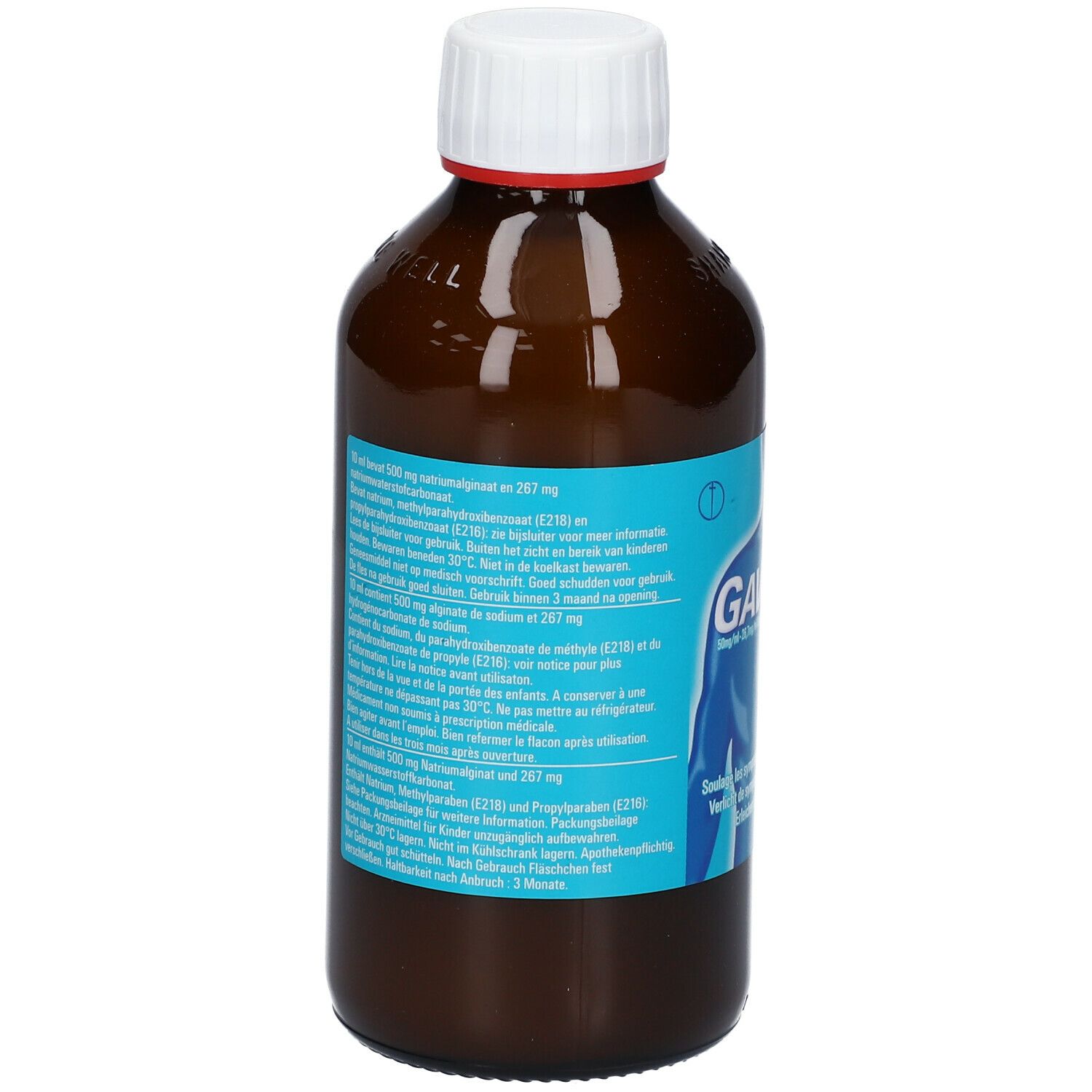 Achterkant bruine fles met witte dop. Etiket met productinformatie in meerdere talen. Tekst in het Duits, Frans en Nederlands.
