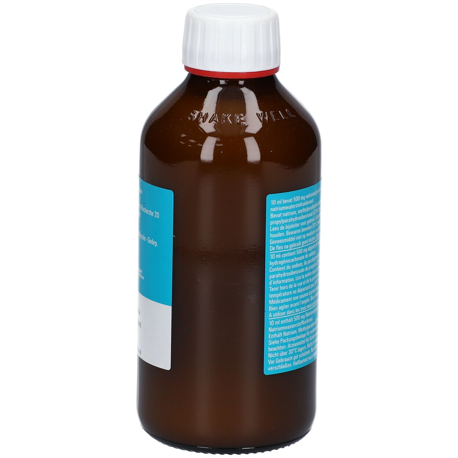 Bruine fles met witte dop. Etiket met productinformatie. Tekst in meerdere talen. Fles staat rechtop.