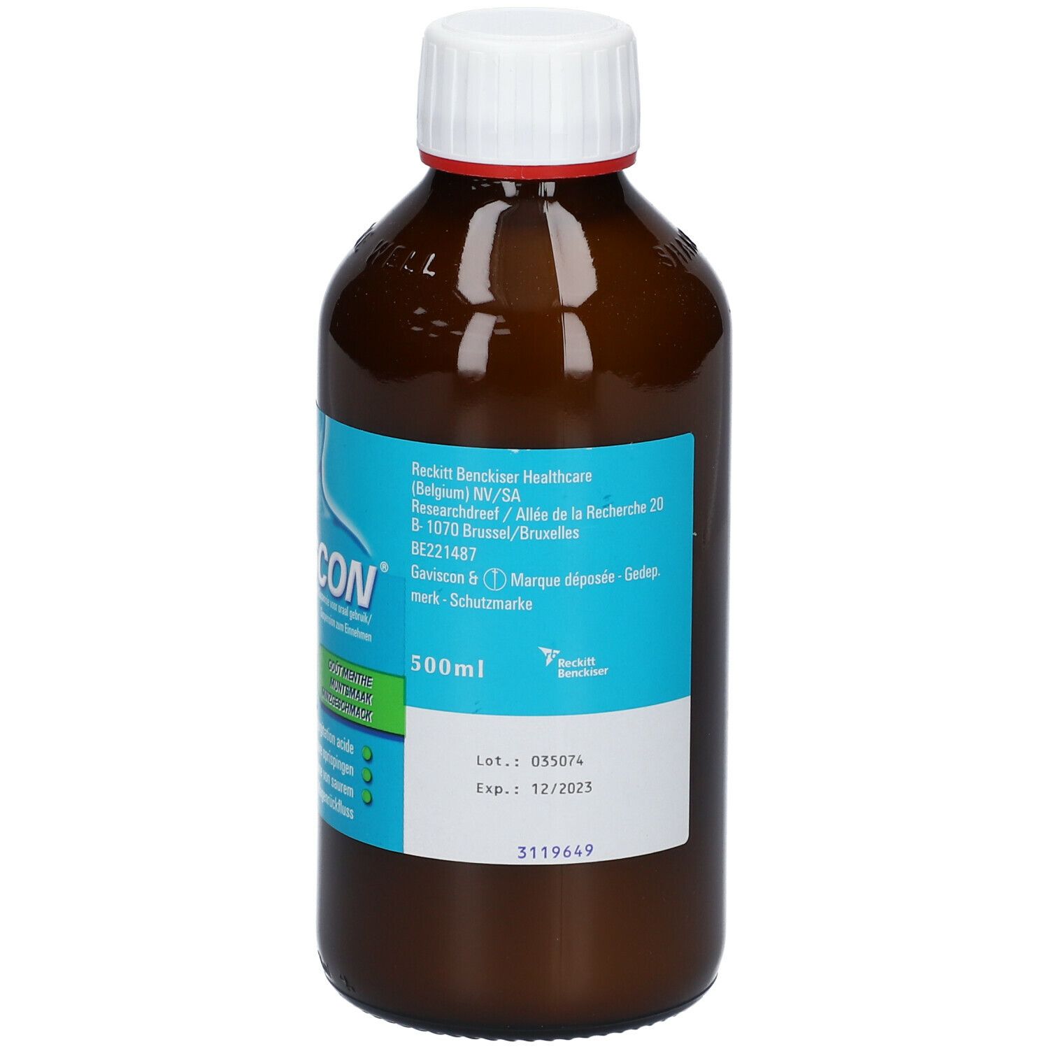 Bruine fles met witte dop. Etiket met productinformatie, fabrikantenadres en vervaldatum. 500ml.