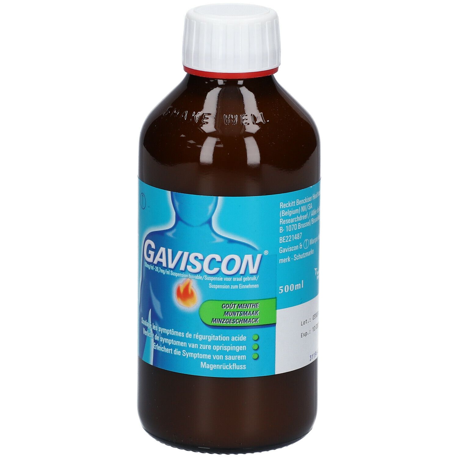 Bruine fles met witte dop. Blauw etiket met Gaviscon en illustratie. 500ml. Tekst in meerdere talen.