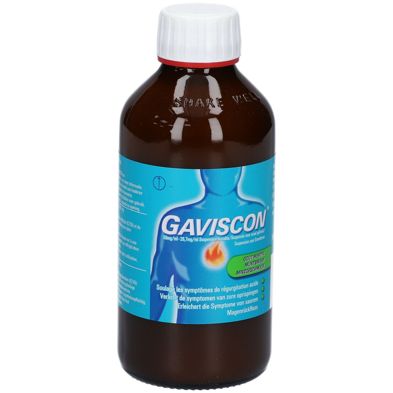 Bruine fles met witte dop. Blauw etiket met Gaviscon en illustratie. Tekst in het Duits, Frans en Nederlands.
