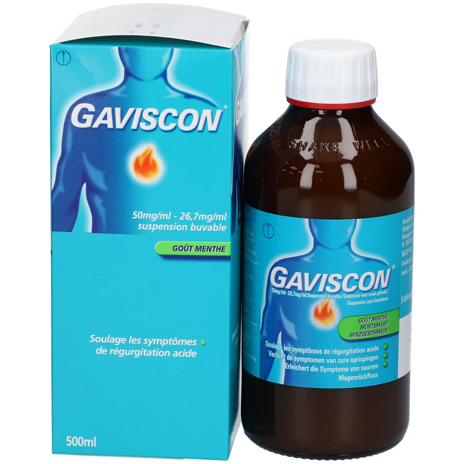 Productverpakking met fles en doos. Fles met blauw etiket, doos met naam en illustratie. 500ml.
