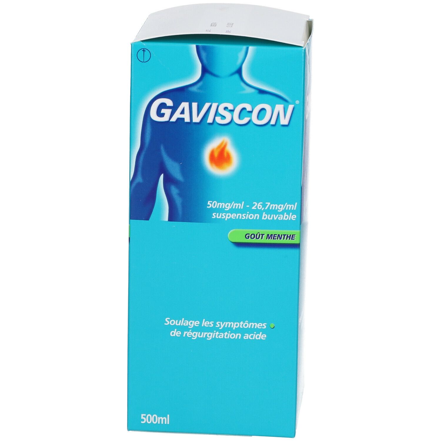 Productverpakking, doos met Gaviscon en illustratie. 500ml. Tekst in het Duits en Frans.
