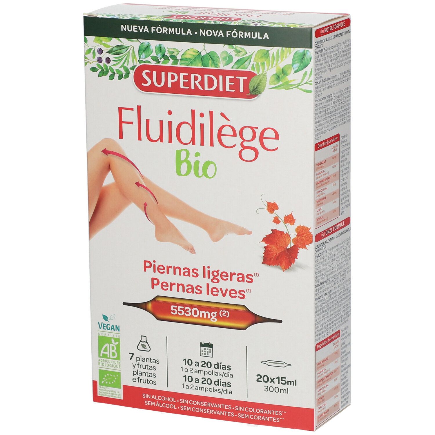 Boîte de Fluidilege Bio. Représentation de jambes avec flèches. Contient 20 ampoules de 15ml. Vegan, certification AB.