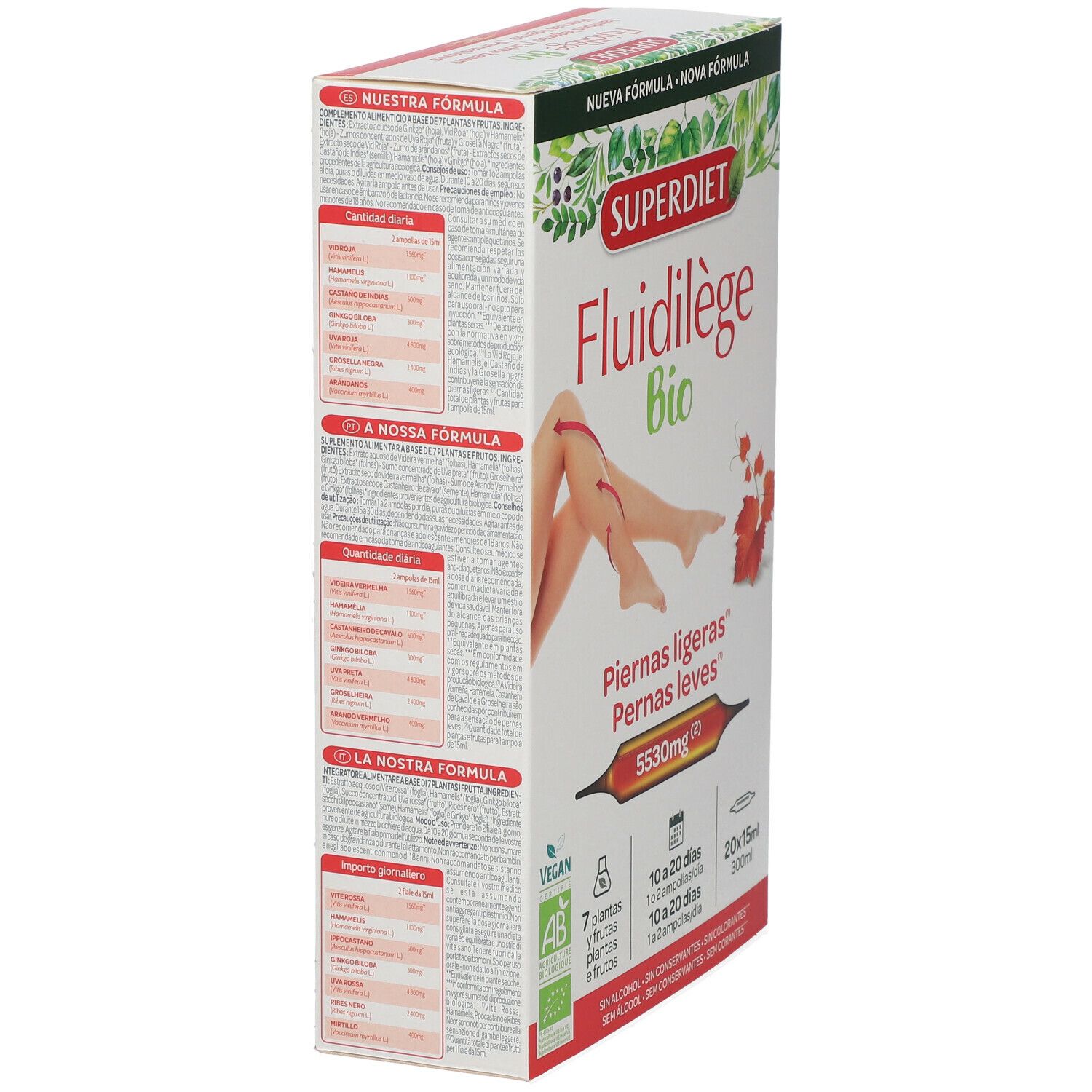 Vue latérale de la boîte Fluidilege Bio. Texte avec informations sur les ingrédients et le dosage. Logo vegan et certification AB.