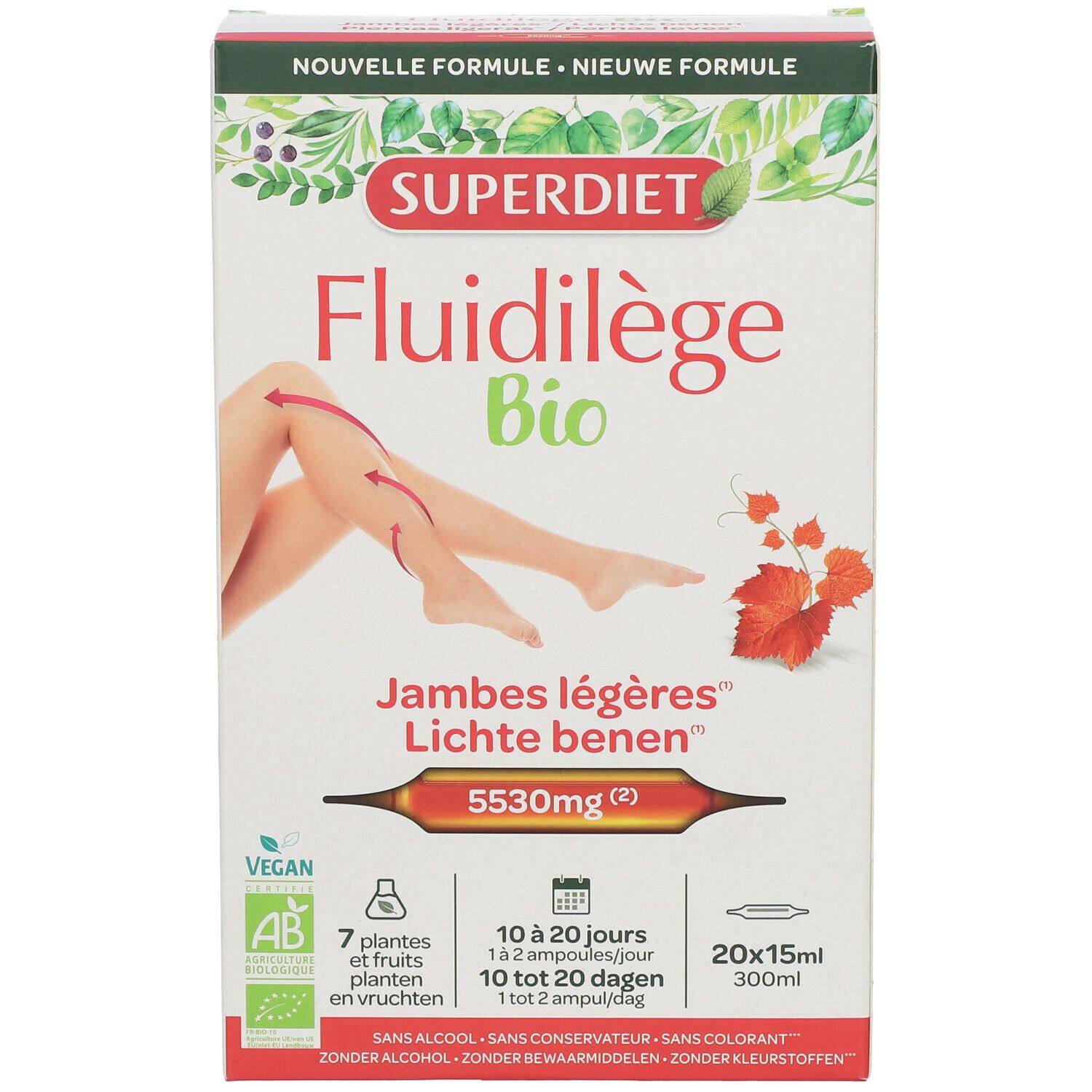 Boîte de Fluidilege Bio. Représentation de jambes avec flèches. Contient 20 ampoules de 15ml. Vegan, certification AB.