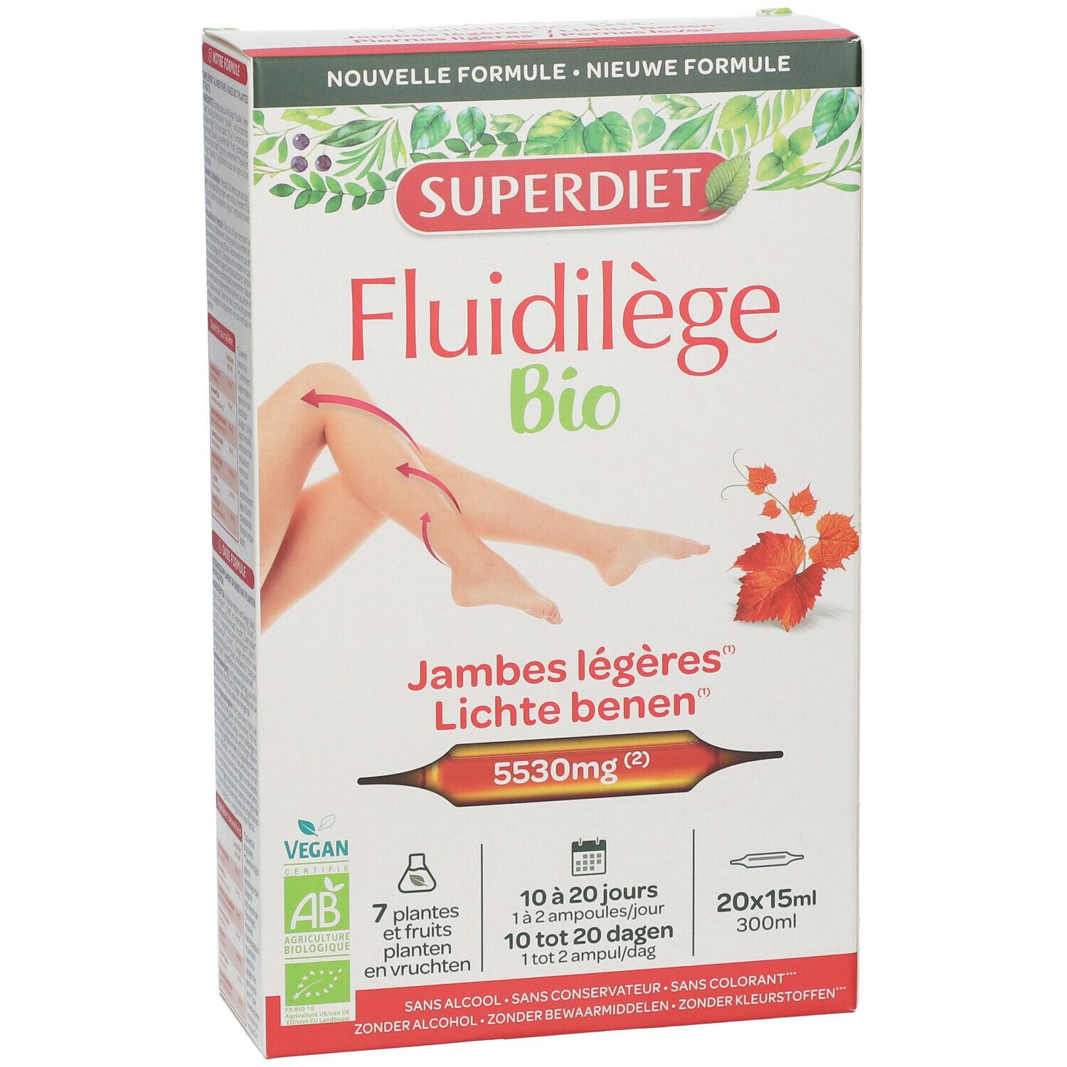 Boîte de Fluidilege Bio. Représentation de jambes avec flèches. Contient 20 ampoules de 15ml. Vegan, certification AB.