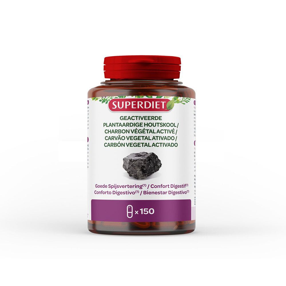 Bruine fles met rode dop. Opschrift SUPERDIET, tekst in meerdere talen. 150 capsules.