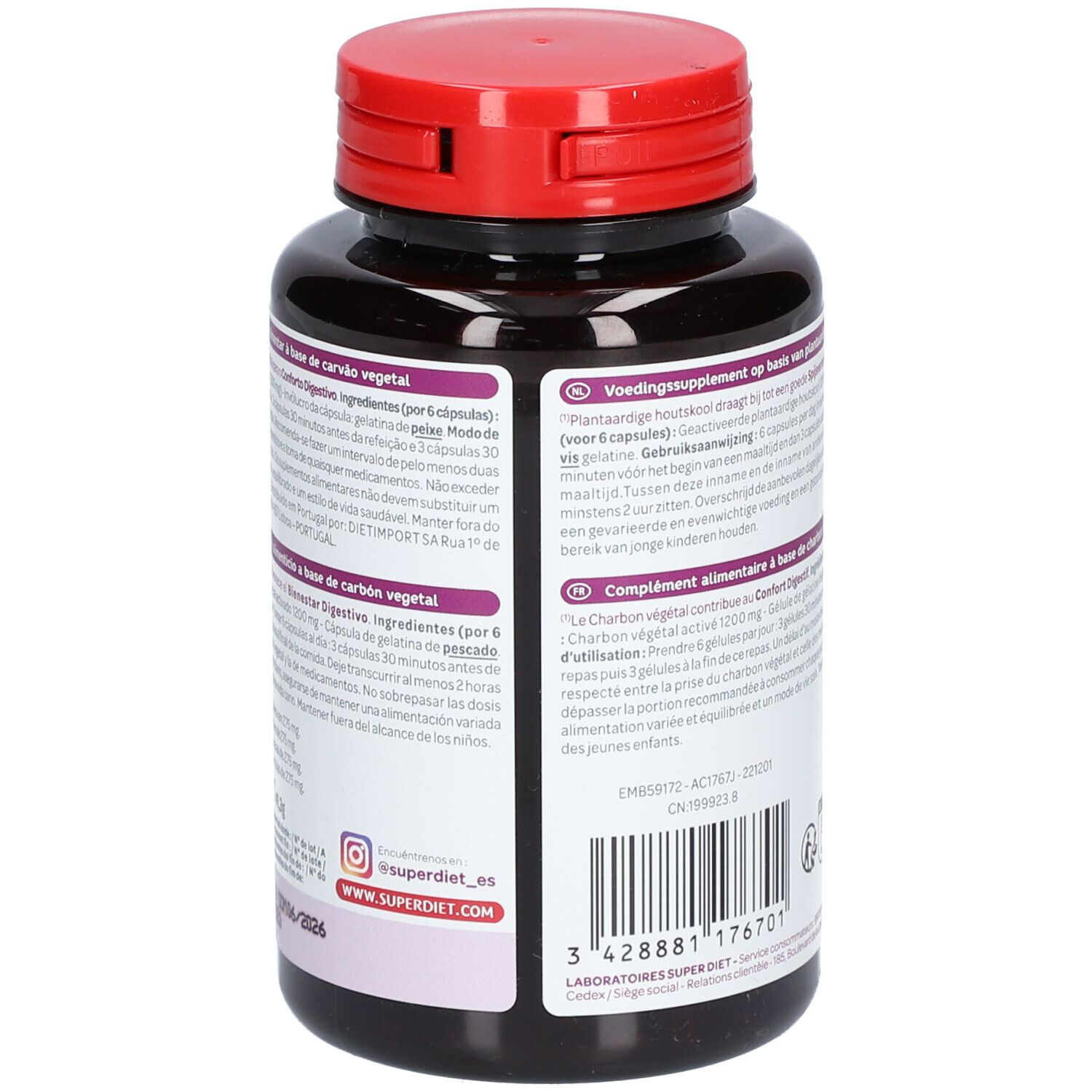Dos d'un flacon brun avec bouchon rouge. Texte multilingue. Code-barres et informations.