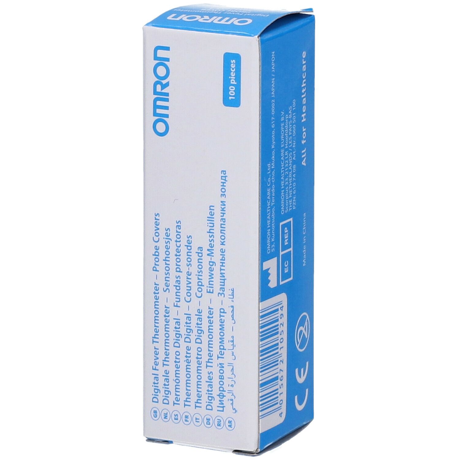 OMRON-verpakking met 100 thermometerhoezen. Blauw-witte doos met productinformatie en CE-markering.