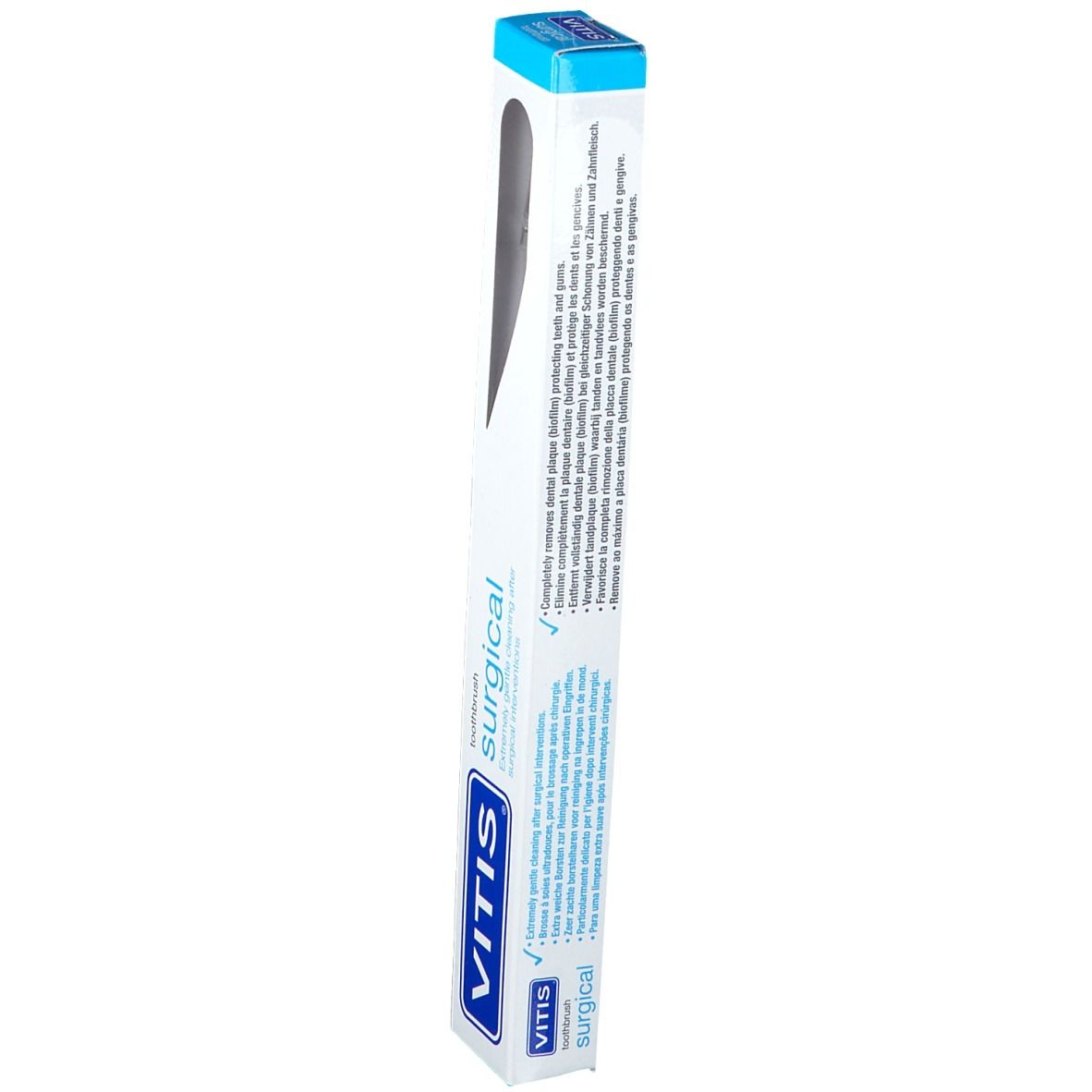 Emballage de la brosse à dents VITIS Surgical. Emballage bleu et blanc. Texte en plusieurs langues. Nom et logo du produit.