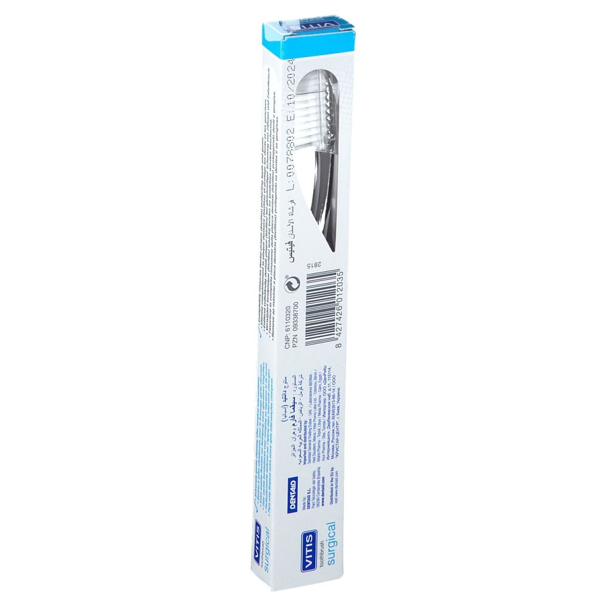 Dos de l'emballage de la brosse à dents VITIS Surgical. Emballage bleu et blanc. Texte et code-barres. Nom et logo du produit.