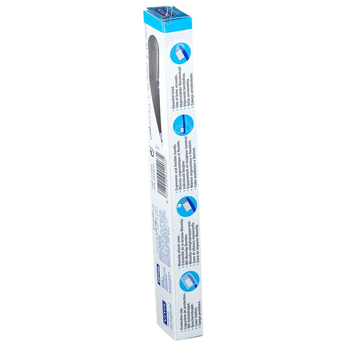 Emballage de la brosse à dents VITIS Surgical. Emballage bleu et blanc. Illustrations et texte. Nom et logo du produit.