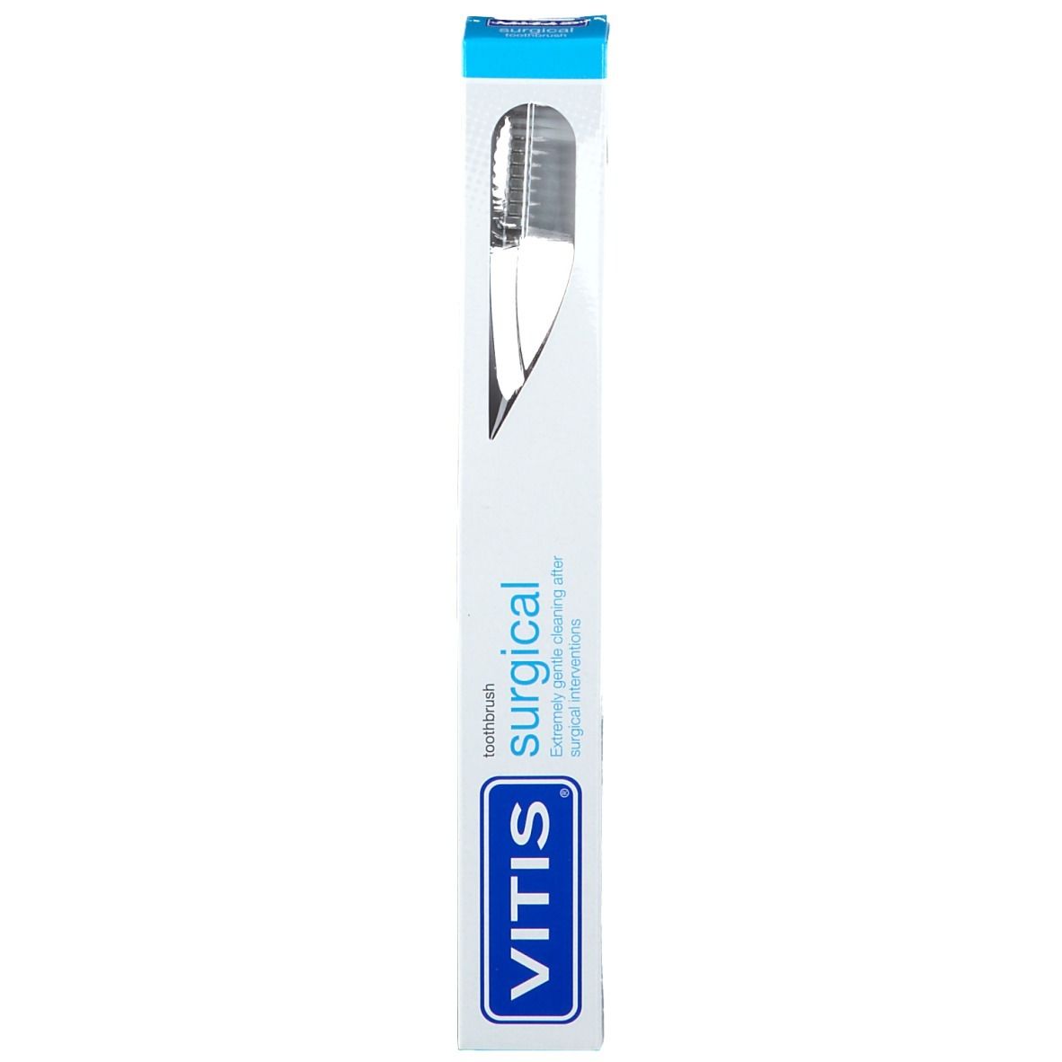 Brosse à dents VITIS Surgical dans son emballage. Manche blanc, soies grises. Emballage bleu et blanc avec nom du produit.